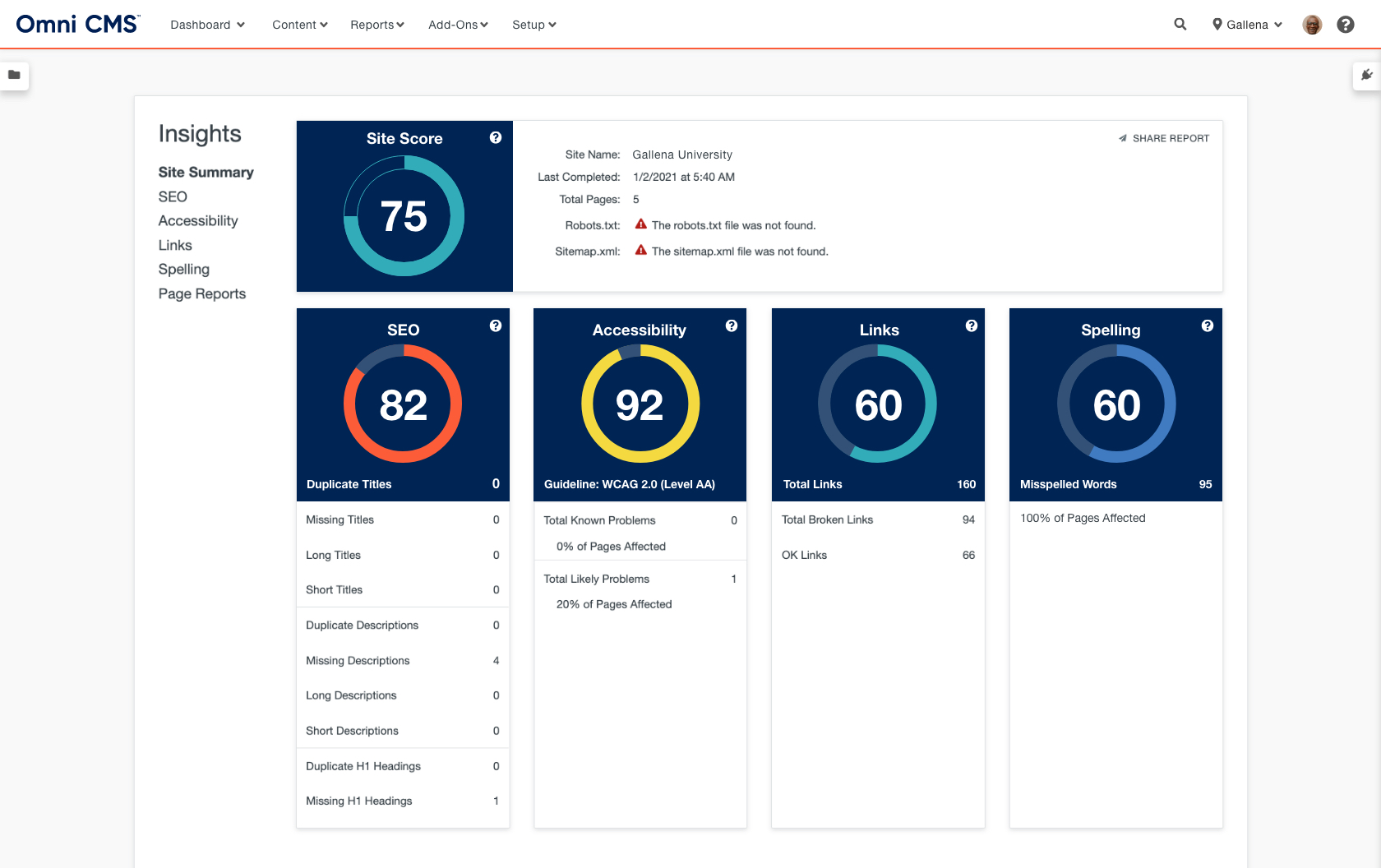 Modern Campus CMS Insights modules reports on website SEO and accessibility issues.